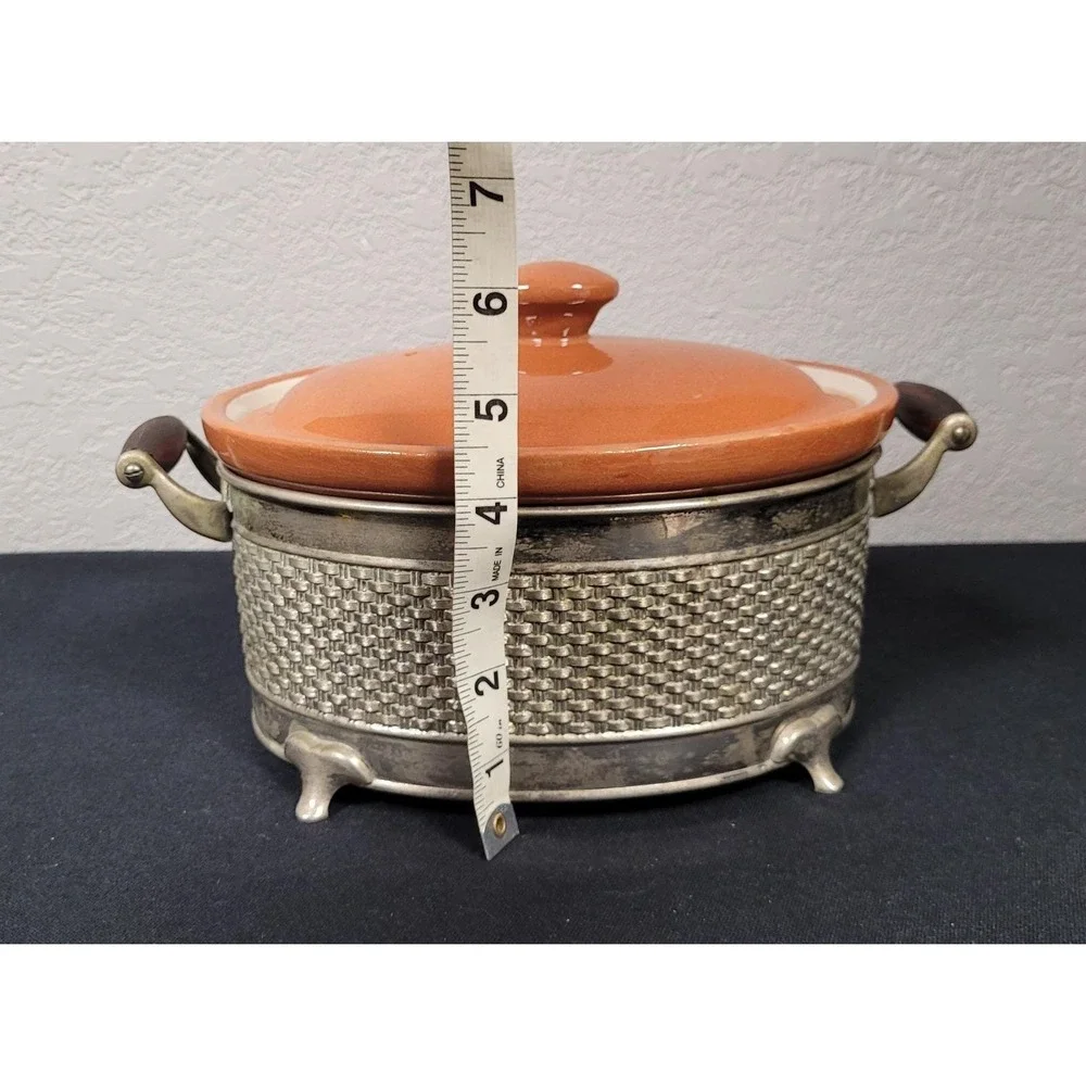 Guernsey Cooking Ware Stoneware Bean Pot Casserole Dish w/ Metal Carrier 1940s